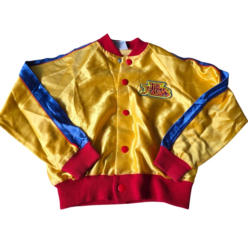 Vintage Donmoor Hot Rollers Satin Bomber Jacket Yellow Red Blue Kids Medium